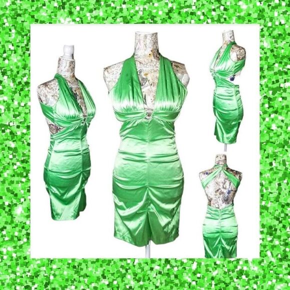 Short Green Halter Cut Out Waist Tight Bodycon Evening Cocktail Mini Dress - Picture 2 of 16